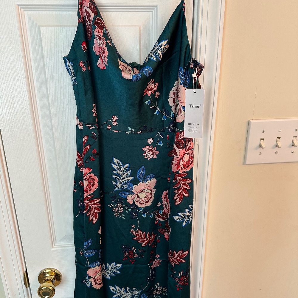Green Floral Satin Dress NWT